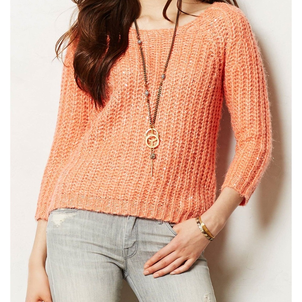 Anthropologie Knitted Knotted Sunstitch Sweater Womens XS Coral Open Knit Sequin